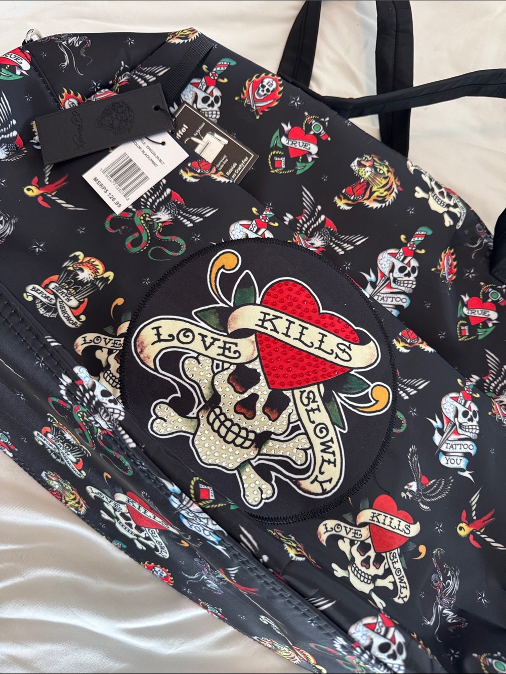 Ed Hardy Black Tattoo Skull Tote with Red Heart Accent